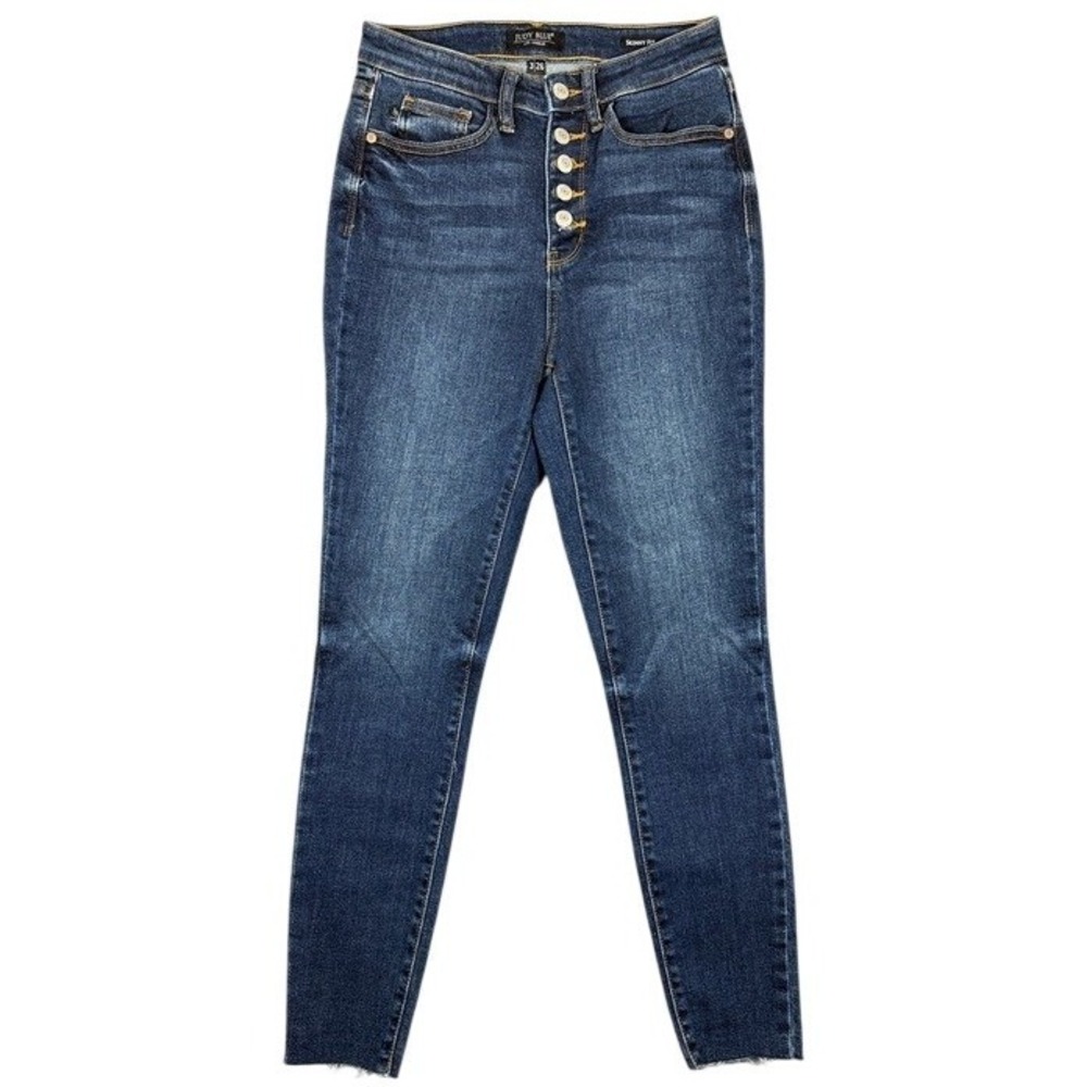 Judy Blue High Rise Button Fly Skinny Jeans Dark Wash Raw Hem JB82318DK-CO 3/26‎